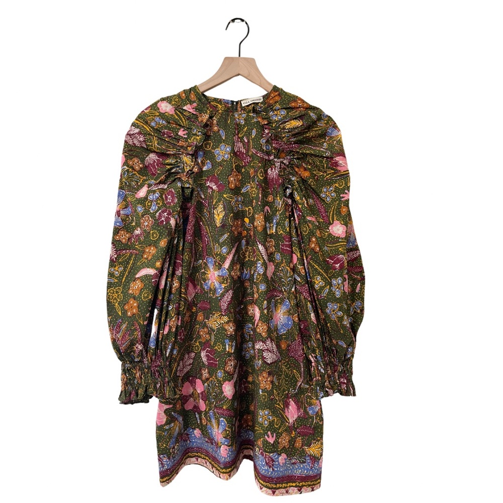 Ulla Johnson Devya Green MultiColor Floral Puff Sleeve Ruffle Shift Dress Size 6